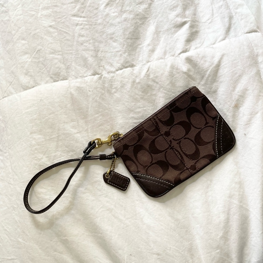 Coach Corner Zip Wristlet in Signature Dark Brown Canvas w/Embossed Logo Tag